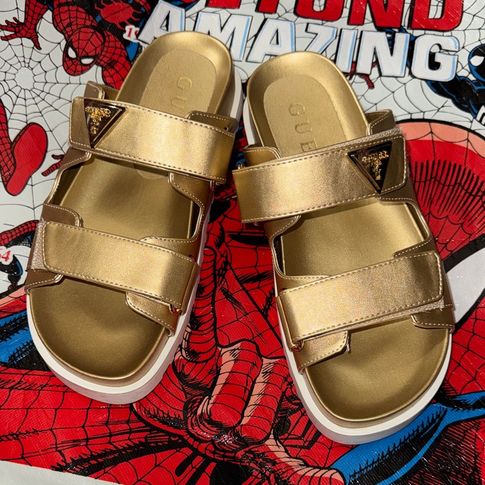 Guess Metallic Gold Double-velcro straps Slide Sandals